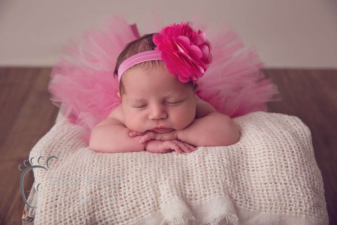 Tiny Feet Photography baby girl in pink tutu posed on tummy