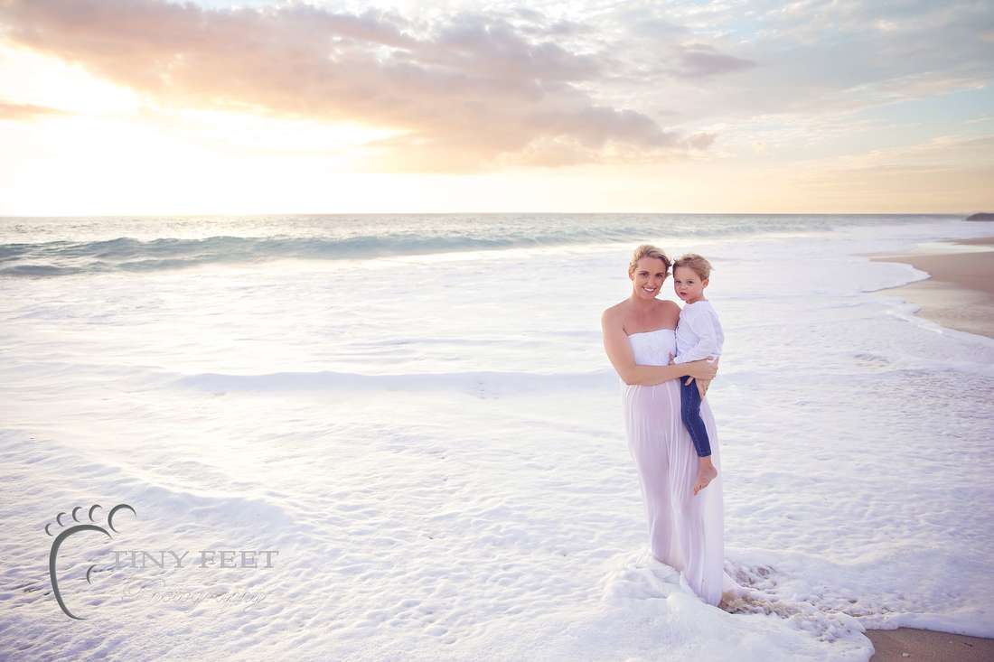 Sunset beach maternity photo with mum and son